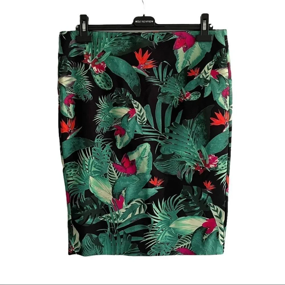 LORD & TAYLOR Pencil Skirt Tropical Print Black Green Red Pink 12 - Picture 3 of 6
